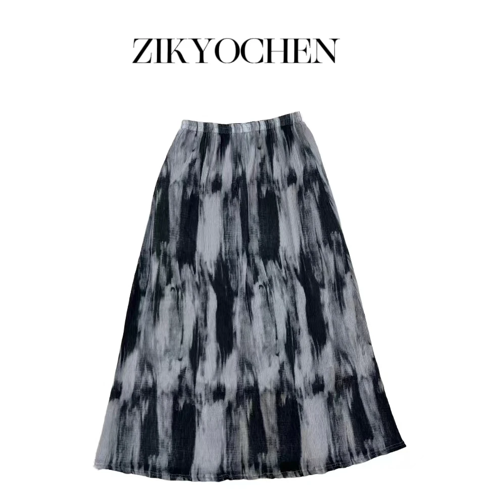 ZIKYOCHEN高腰扎染印花半身裙女夏季新款复古度假风蓝色A字长裙子