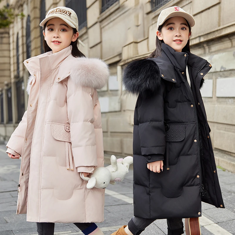 女童羽绒服2025新款洋气中大童加厚中长款过膝休闲白鸭绒冬装外套