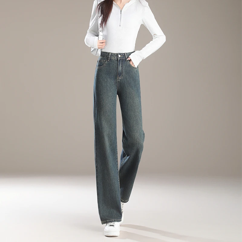 小个子高腰窄版阔腿裤女春秋新款高腰宽松拖地牛仔裤子复古直筒裤