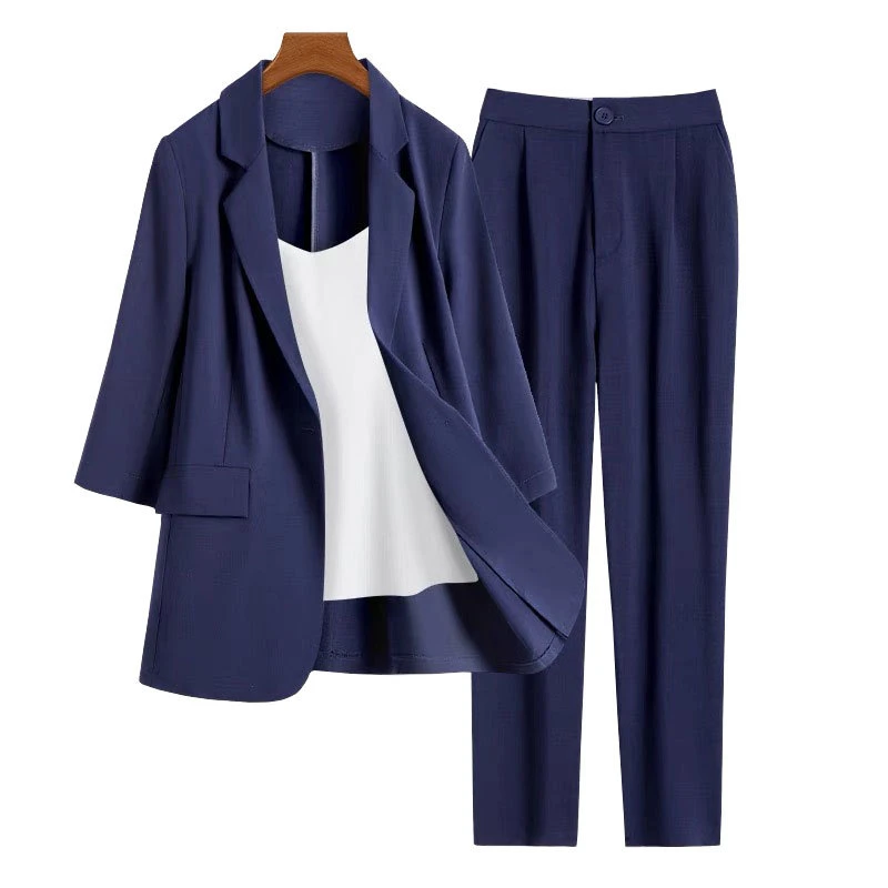 夏新款高端大码女装炸街气质两件套装胖mm显瘦休闲西装薄款套装