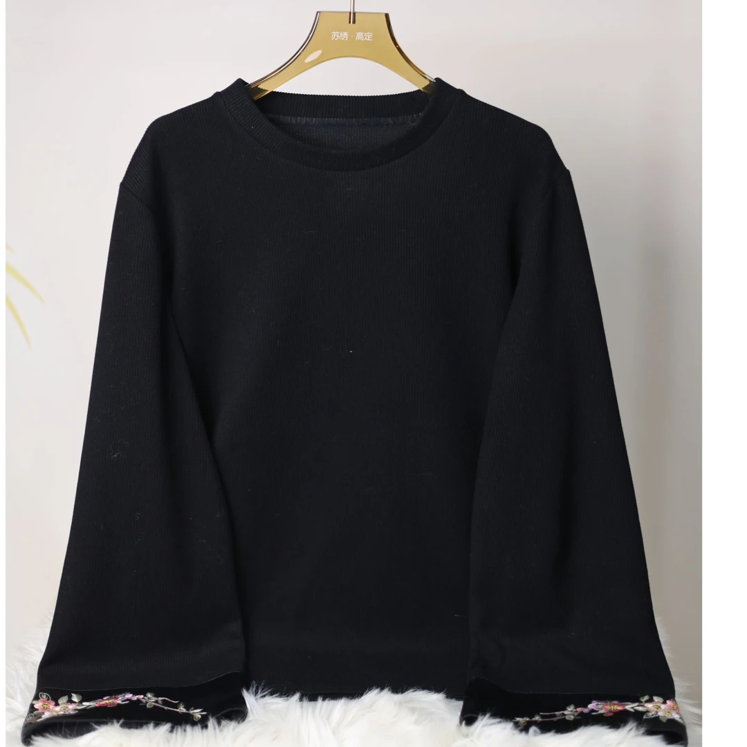 苏绣手工刺绣袖口花圆领冬季打底保暖棉上衣