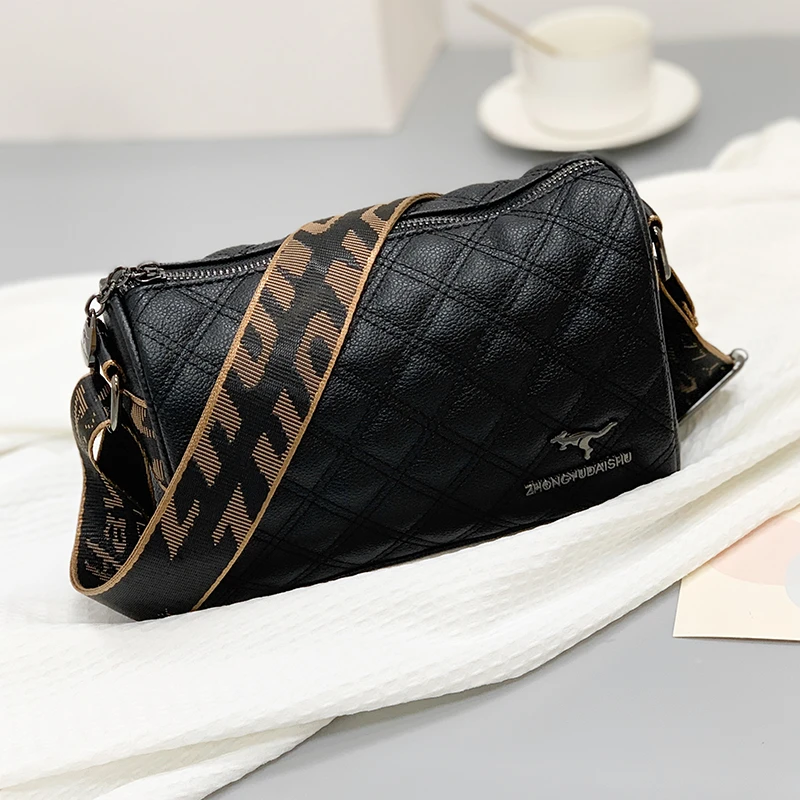 小香风时尚百搭女士包单肩菱格肩包圆筒休闲黑色简约小包包真皮包