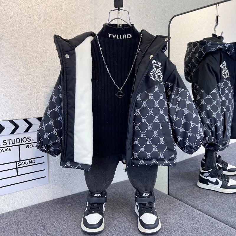 男童加绒冬款外套秋冬新款拼色洋气儿童加厚上衣宝宝冬季韩版棉衣