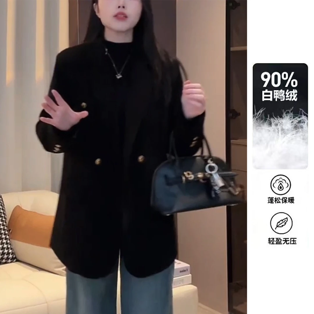 【90白鸭绒】加棉加厚毛呢羽绒外套女2025年新款百搭气质保暖黑色