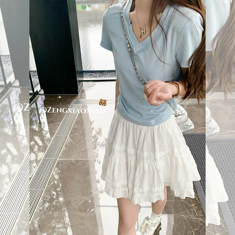 【清清】甜心少女 纯色正肩V领短袖T恤Z241TY0018