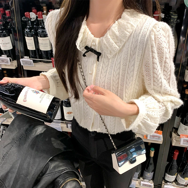 曾小咸韩系温柔风甜美米白色蕾丝磨毛衬衫Z243CY2949