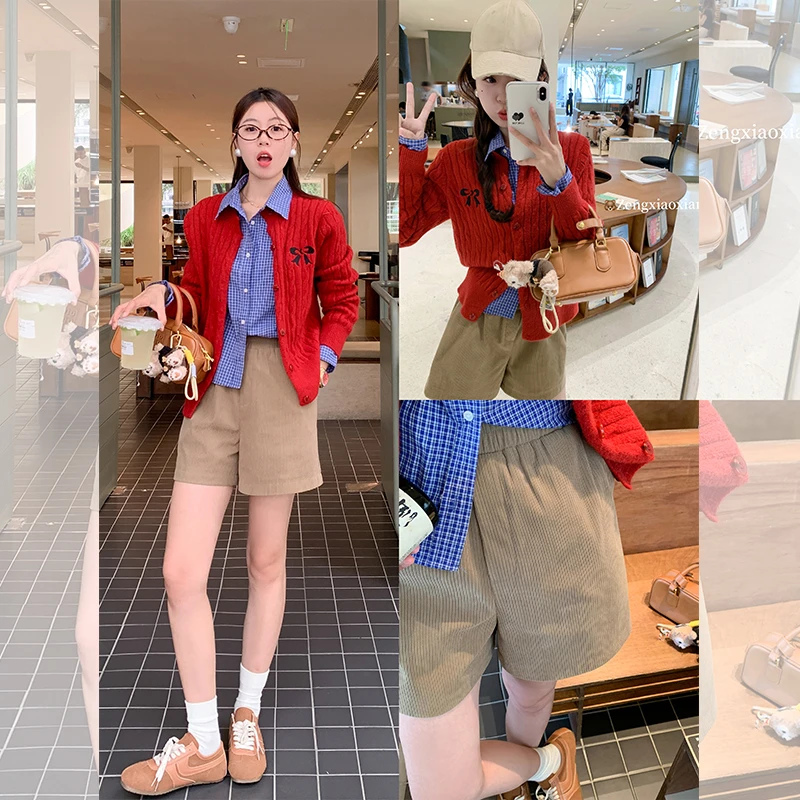 曾小咸 红色开衫+格子衬衫两件套Z243MR3526