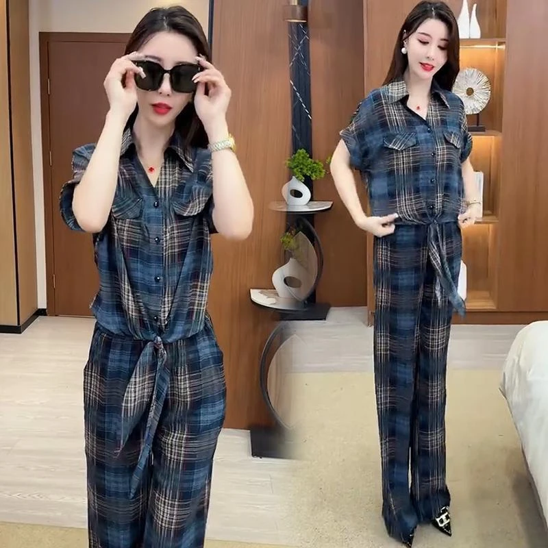 时尚阔腿裤套装女2024夏季新款洋气显瘦遮肚子休闲格子减龄两件套