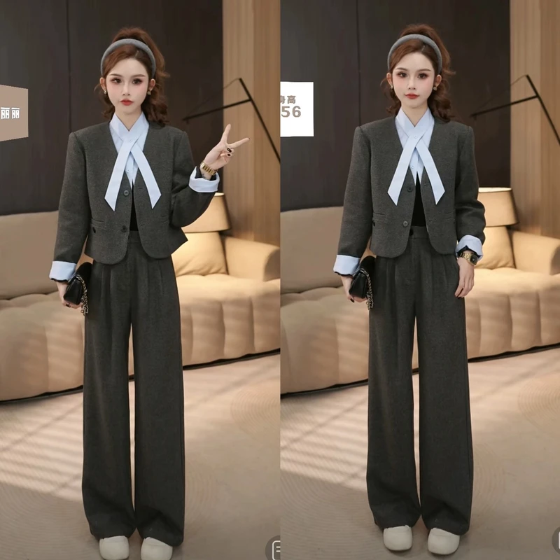 韩系气质长款宽松西装款拼接衬衫外套显瘦阔腿裤两件套