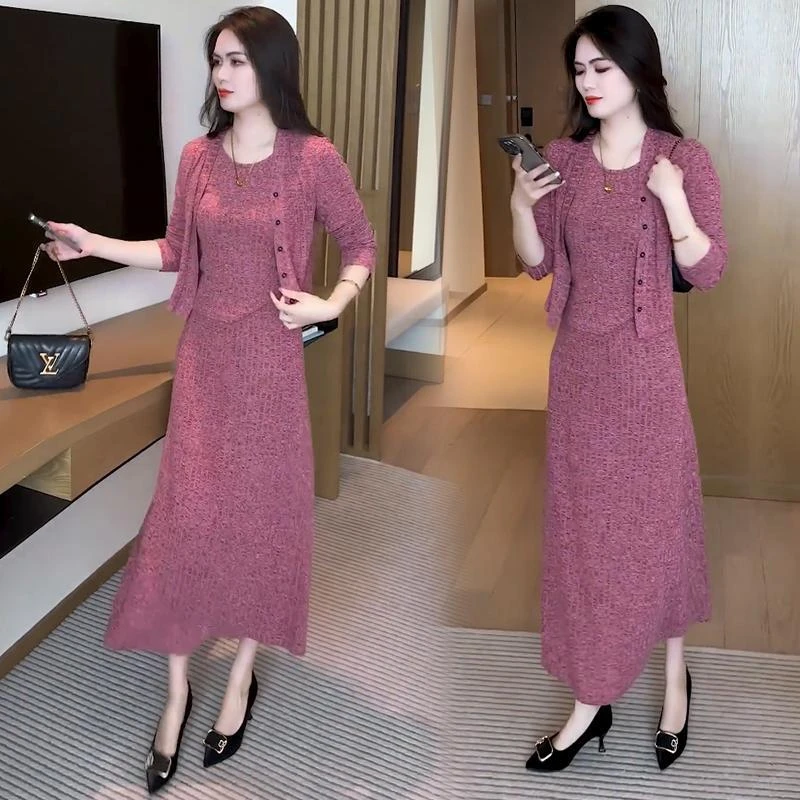 洋气连衣裙女2024春秋新款韩版时尚减龄针织开衫背心半身裙三件套