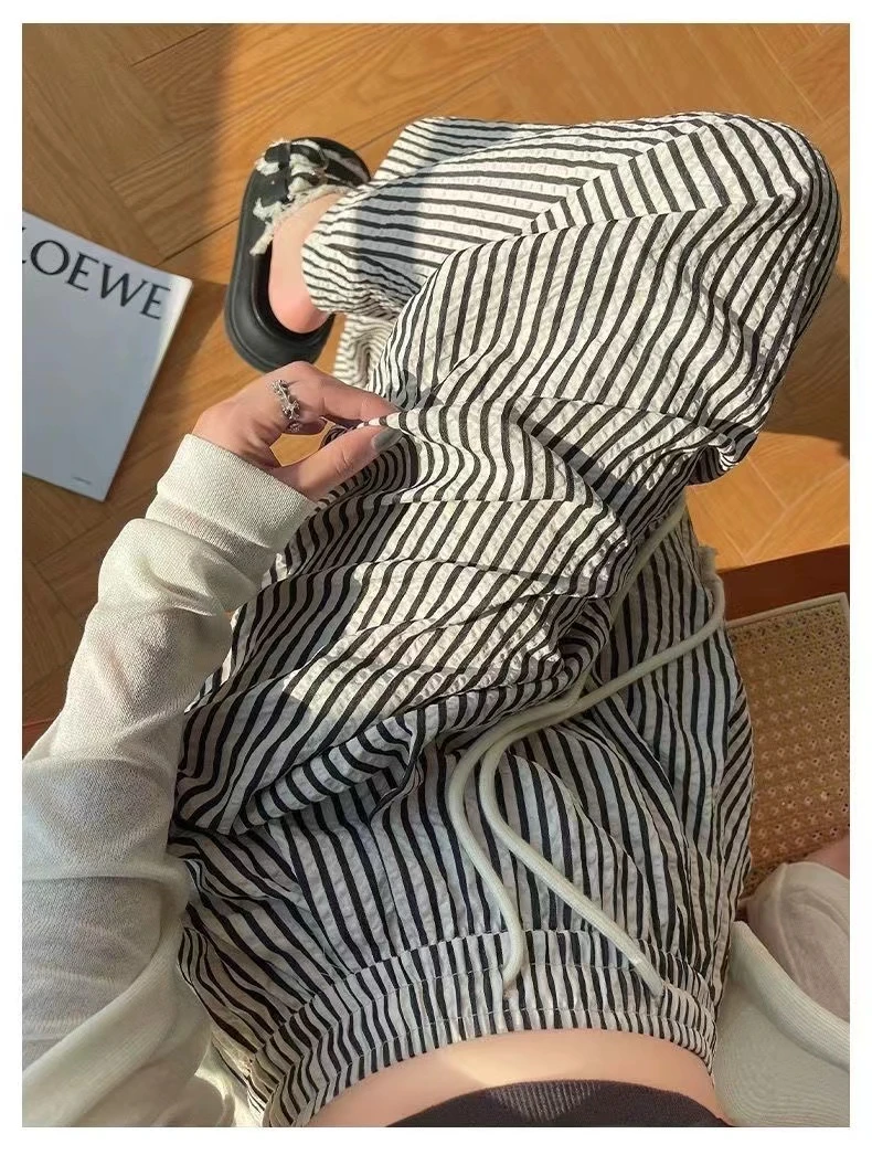 条纹阔腿裤女垂感直筒裤高腰松紧休闲慵懒遛弯裤宽松感拖地裤