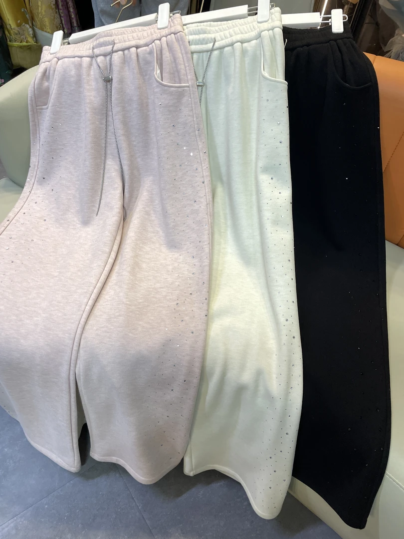 新中式国风网红时尚休闲设计师款气质百搭钻边阔腿长裤