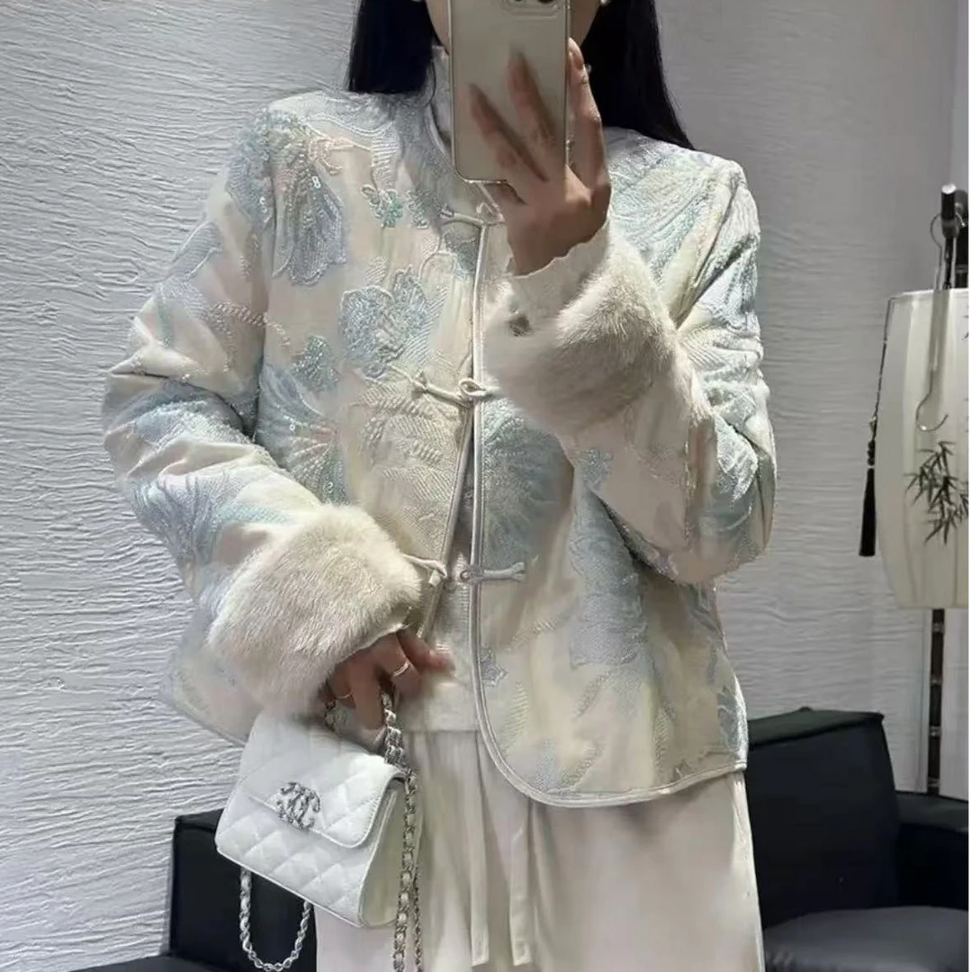 2024气质时尚秋冬季网红设计师款亮片提花毛袖口羽绒服外套1397