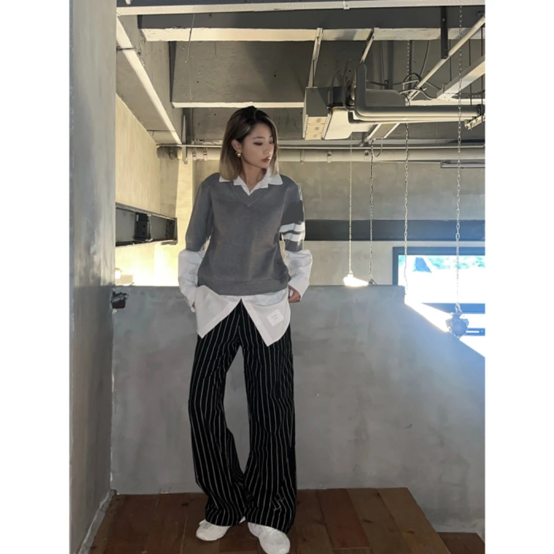 YStudio | "韩里韩气"刺绣条纹直筒高腰休闲拖地裤