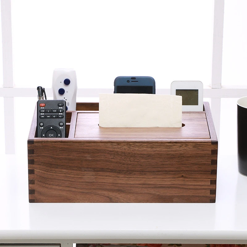 中式简约黑胡桃纸巾盒客厅桌面收纳盒多功能遥控器茶几木质抽纸盒