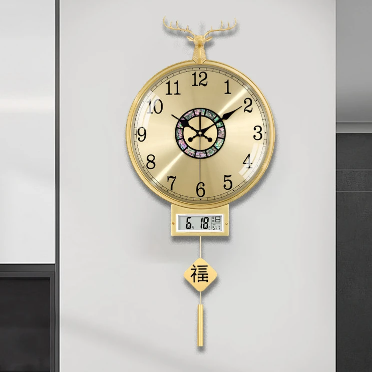 新中式轻奢黄铜贝壳客厅钟表现代万年历挂钟鹿头创意电波对时墙钟