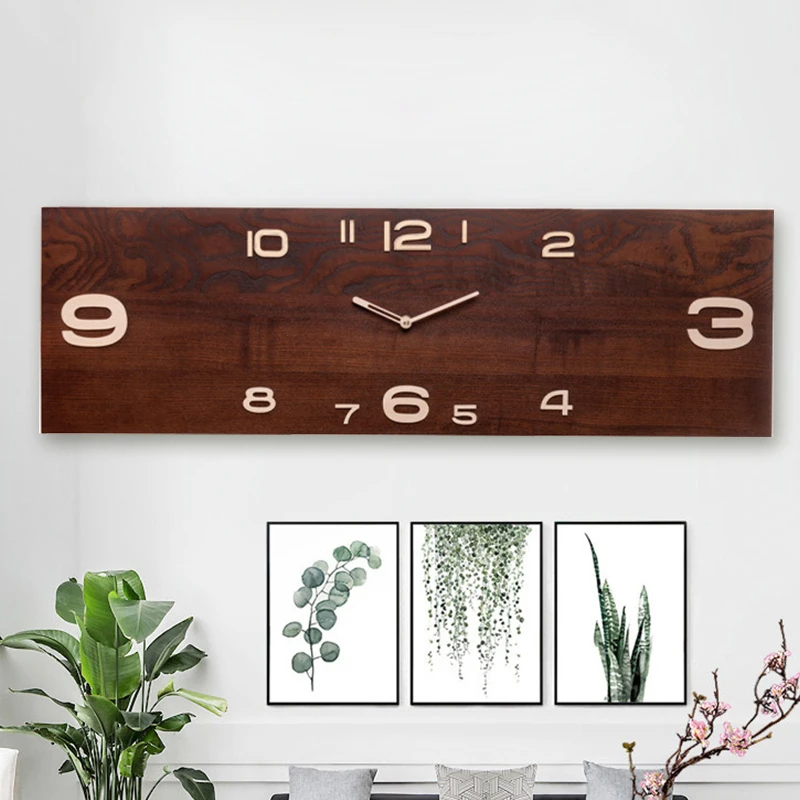 新中式实木长方形简约挂钟个性横向挂墙钟表客厅横版家居静音时钟