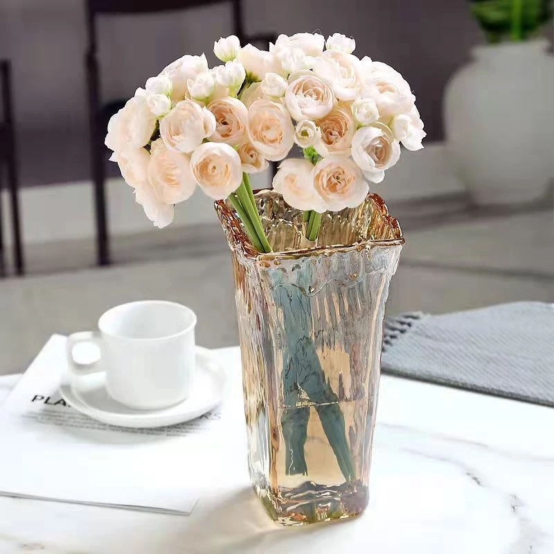 欧式创意波浪口彩色玻璃花瓶富贵竹插花透明花器客厅餐桌装饰摆件