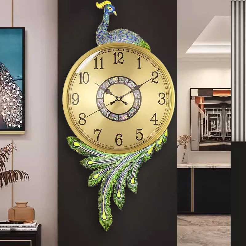 轻奢客厅创意大气钟表挂钟静音时钟时尚新中式家用个性孔雀黄铜钟
