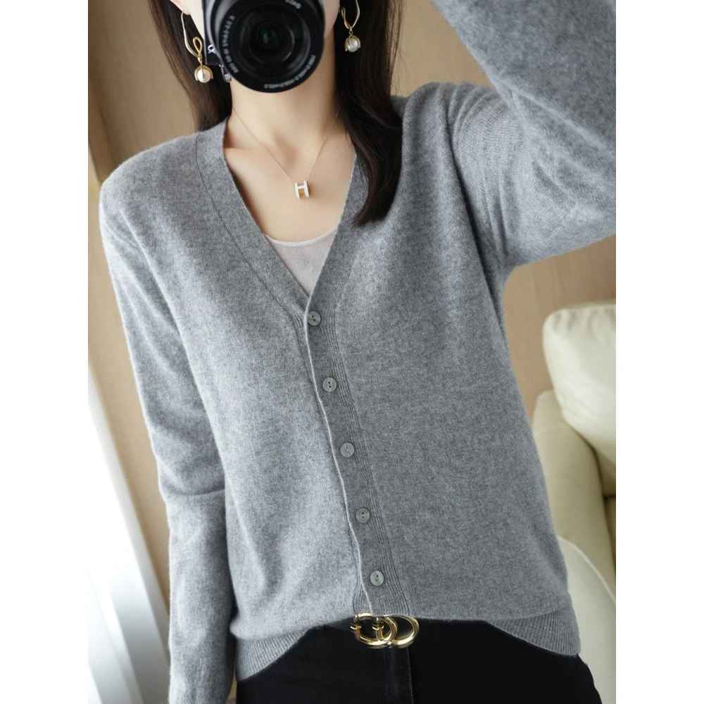 DR5042 新款开衫外套女长袖打底衫V领上衣简约纯色外搭