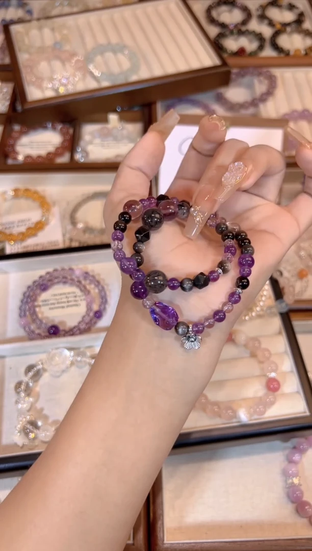 【闪购商品】水晶手链合金紫水晶银曜石双圈手链x495