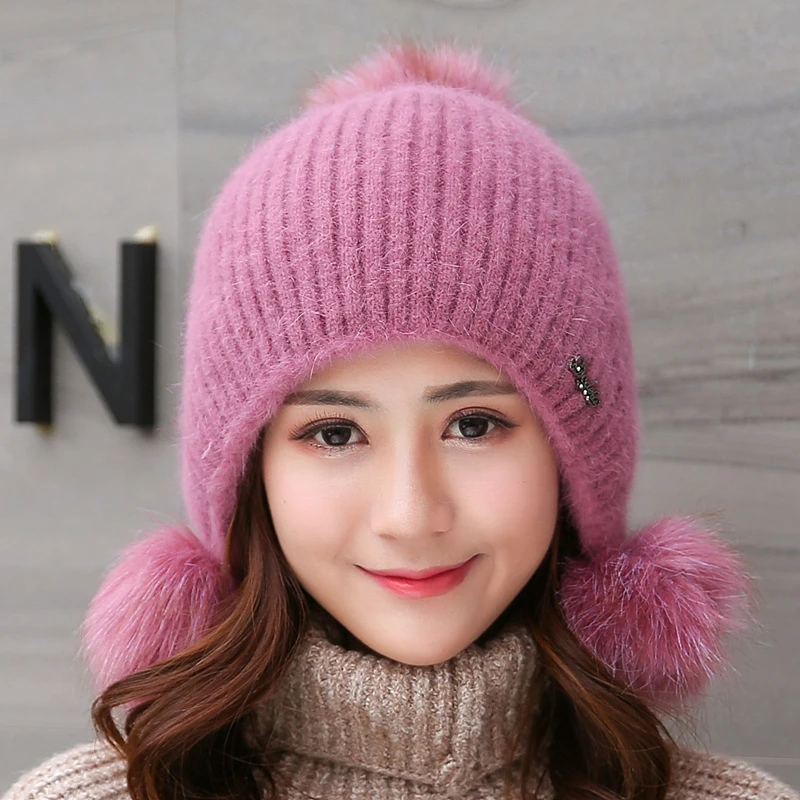 兔毛帽子女士秋冬天韩版百搭加厚保暖护耳针织毛线帽可爱甜美学生