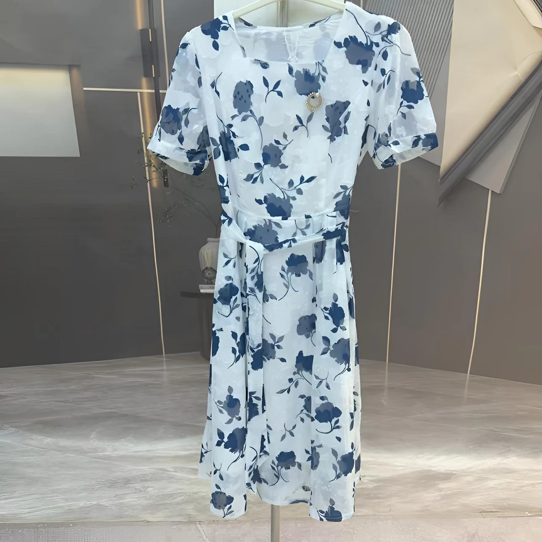 B218-A5收腰时尚女装气质蓝色轻奢百搭女士夏季印花女装连衣裙