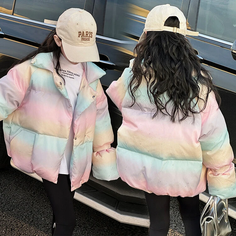 女童羽绒服加厚保暖冬装潮儿童糖果袖彩虹上衣女孩中大童七彩外套