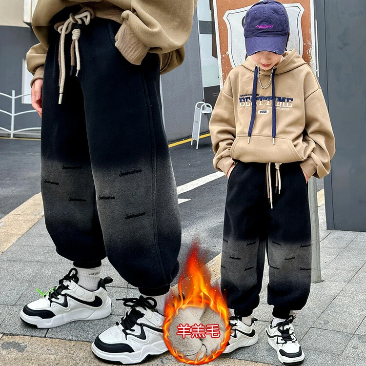 儿童装男童加绒裤子秋冬2023新款中大童加厚卫裤冬季保暖棉裤休闲