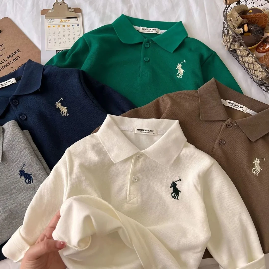 春秋新款儿童polo衫男女童刺绣翻领长袖宽松T恤炸街打底宝宝上衣