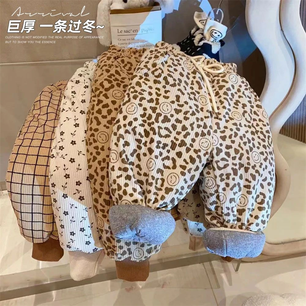 时髦女童巨厚一条过冬笑脸豹纹保暖收口休闲棉裤2023冬装舒适款潮