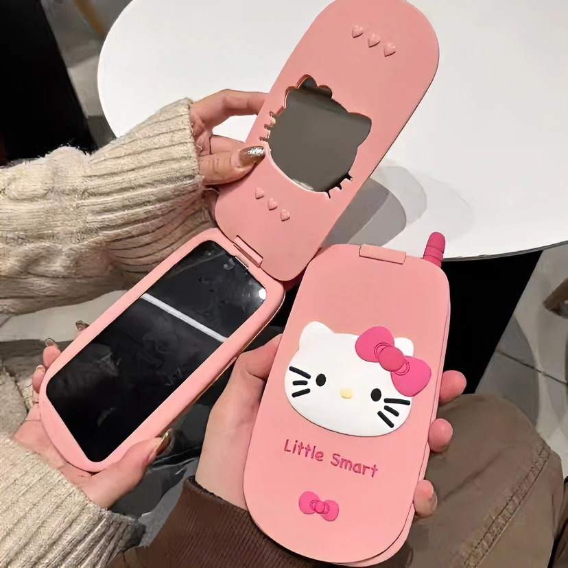 粉色翻盖Kitty带镜子iPhone15pro手机壳14硅胶13promax防摔网红女