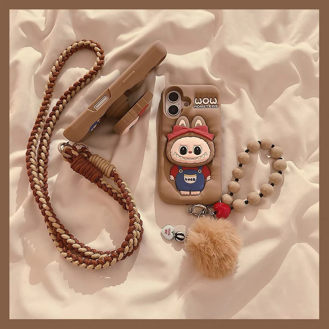 棕色背带裤拉布布支架iPhone16promax适用苹果15手机壳14硅胶13女