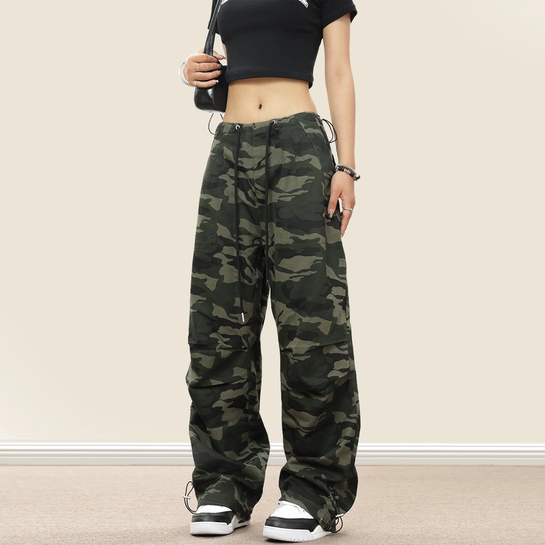 美式嘻哈迷彩伞兵工装裤男女复古街舞显瘦直筒阔腿裤