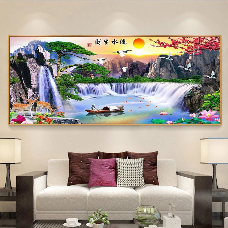 5d钻石画2024新款满钻十字绣客厅流水生财大幅山水画迎客松钻石绣
