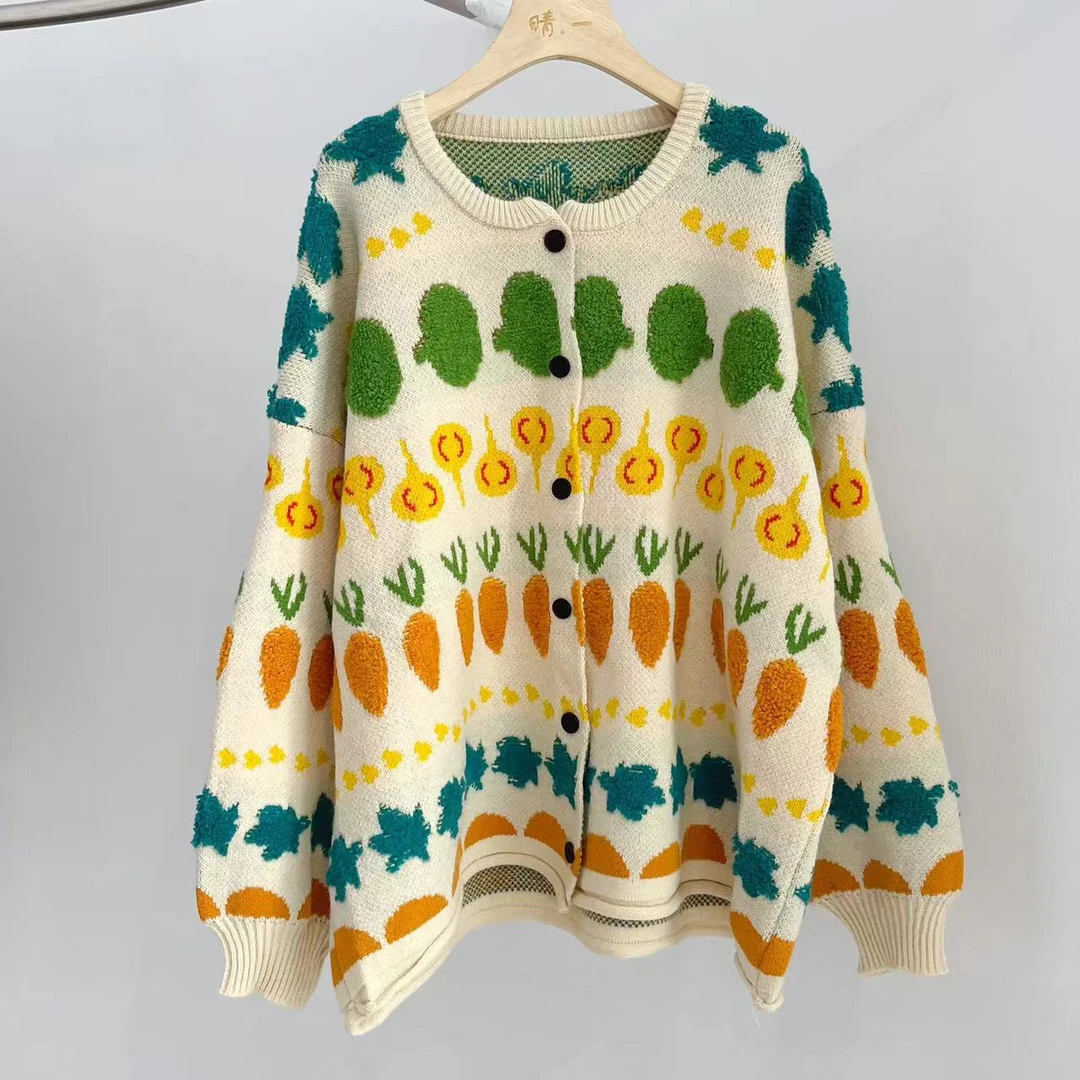 日系提花甜美百搭提花胡萝卜减龄毛衣软糯慵懒风休闲开衫针织外套