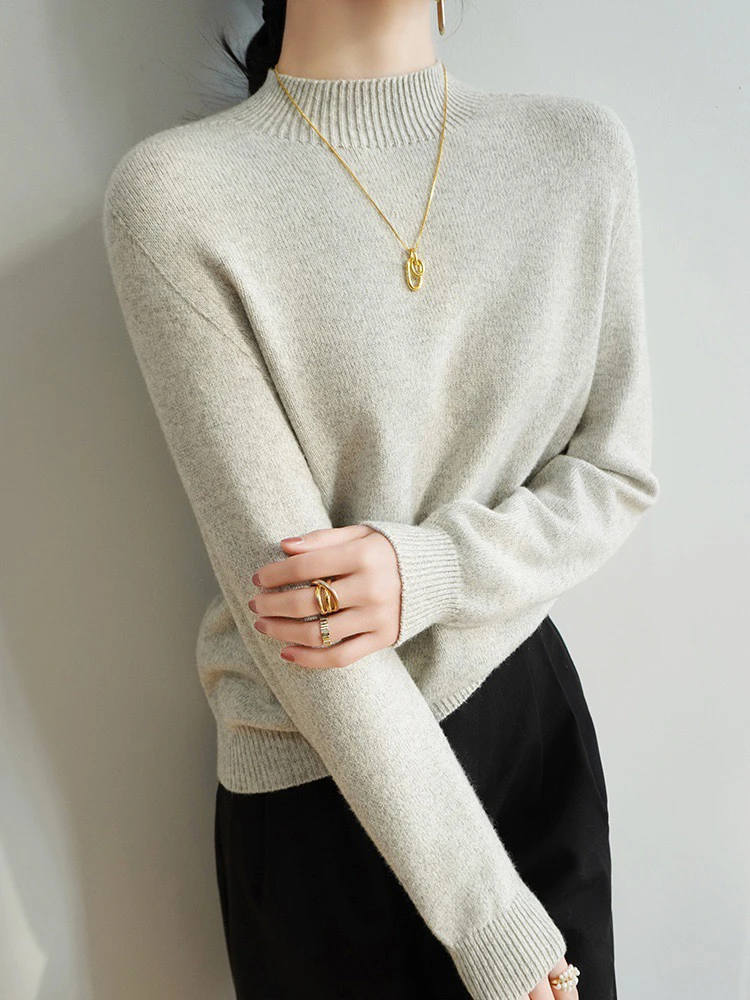 高端花纱纯色羊绒衫女半高领加厚宽松针织衫秋冬毛衣