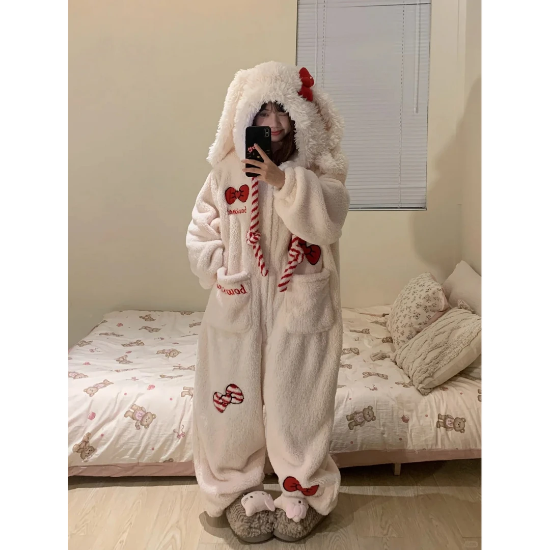 红色蝴蝶结甜美兔兔连体睡衣女冬季新款加绒加厚珊瑚绒外穿家居服