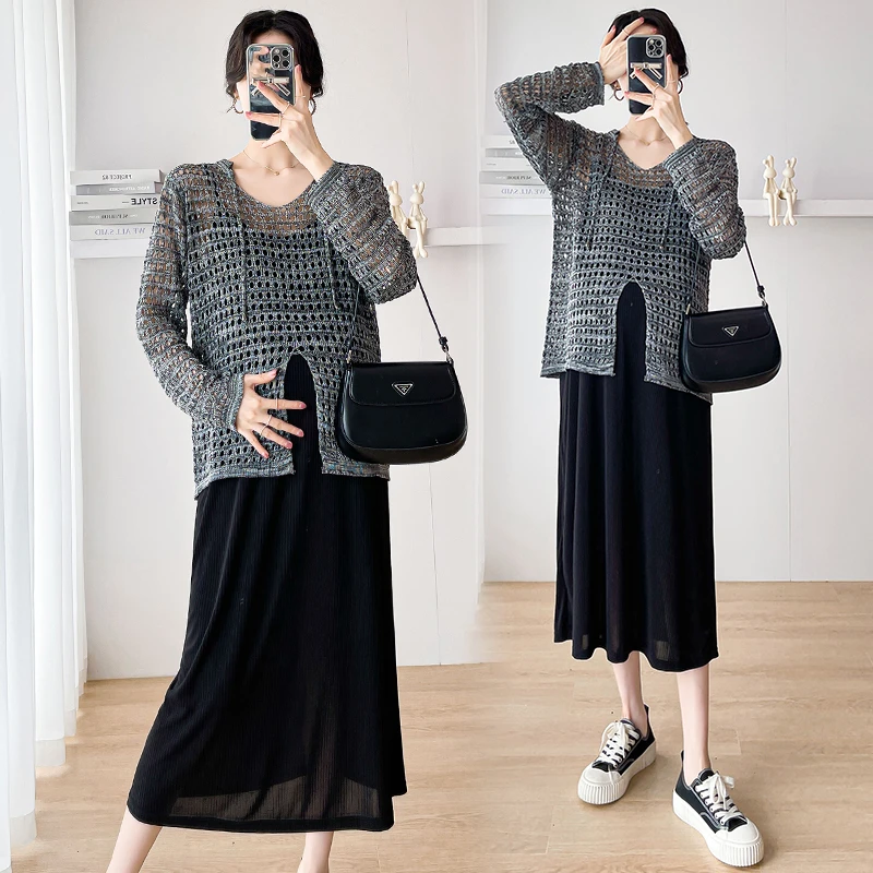 大码孕妇连衣裙2024秋季新款针织罩衫上衣吊带裙子两件套装200斤
