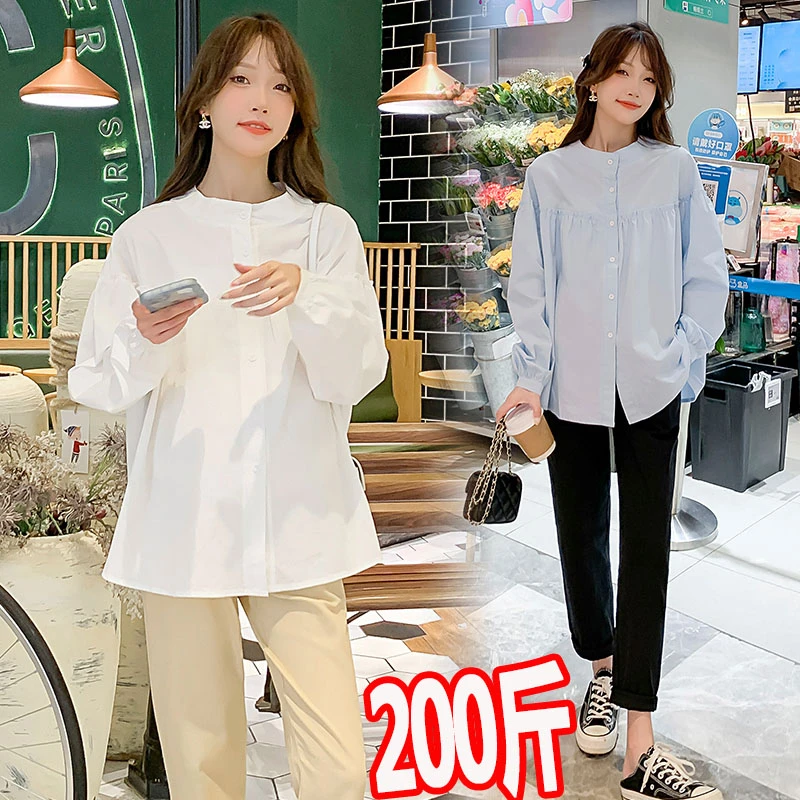 大码孕妇衬衫秋装新款拼接宽松娃娃衫上衣减龄百搭衬衣春秋200斤