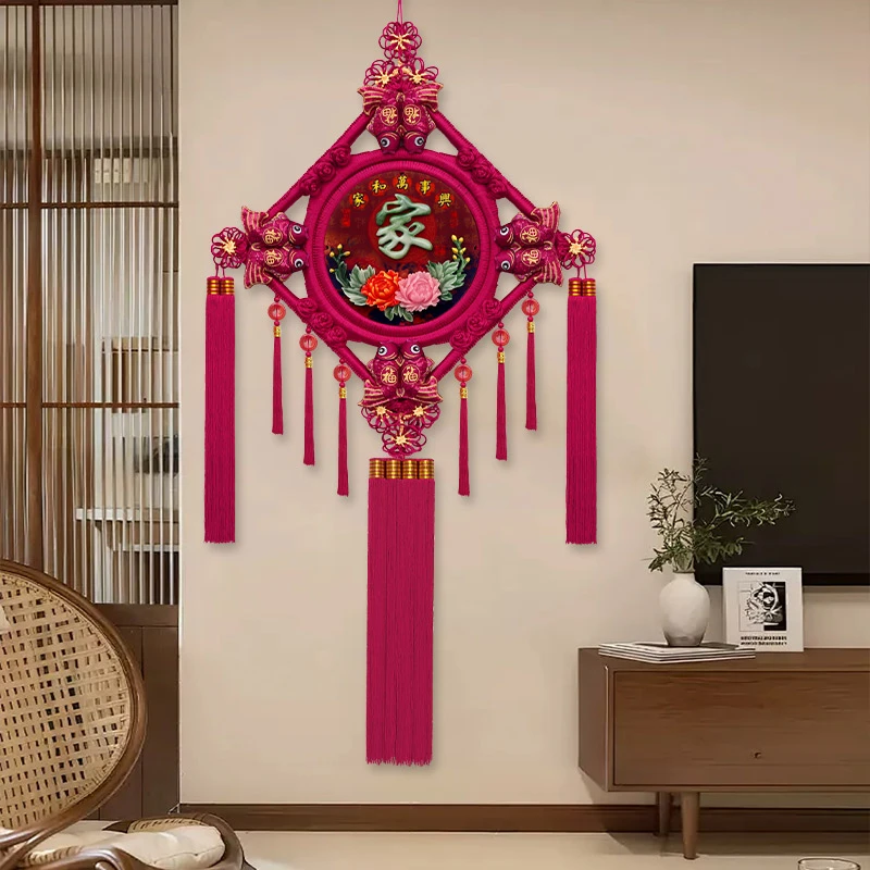 酒红立体中国结挂件客厅大号桃木福字家居装饰门上玄关挂饰乔迁