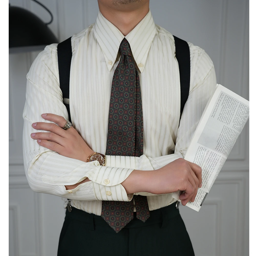 男士衬衣绅装复古大尖领休闲条纹衬衫英伦薄款闲商务新郎结婚气质