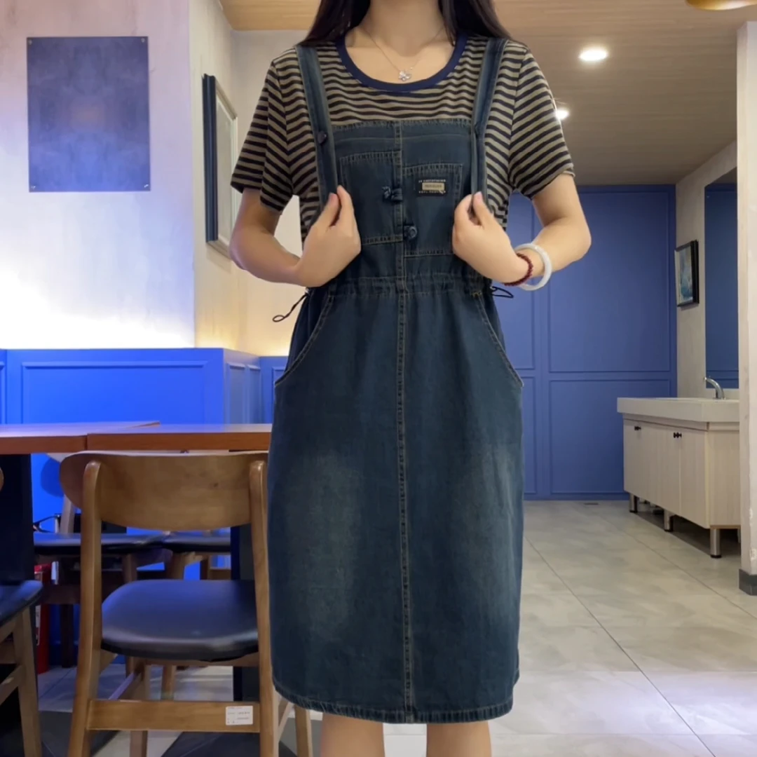 夏季新款薄款假两件牛仔显瘦时尚连衣裙洋气减龄宽松遮肚子中长款