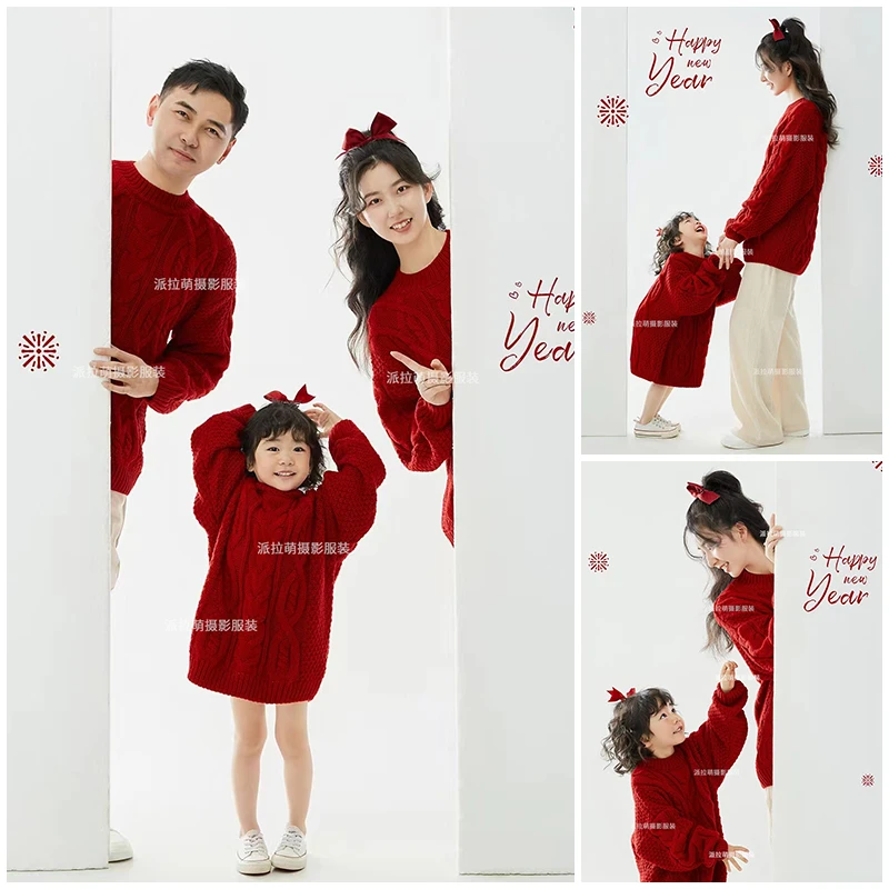 全家福亲子装红色麻花毛衣主题摄影服装新年亲子一家三口拍照衣服