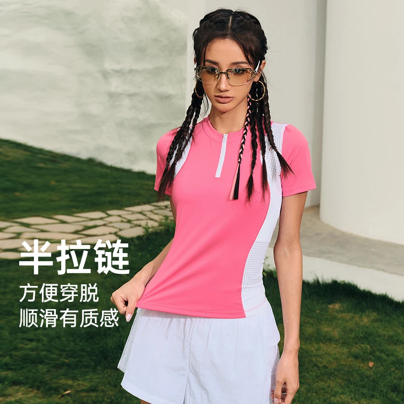 DK【断码清仓-短袖】撞色拼接半拉链显瘦健身运动夏季弹力短袖3061