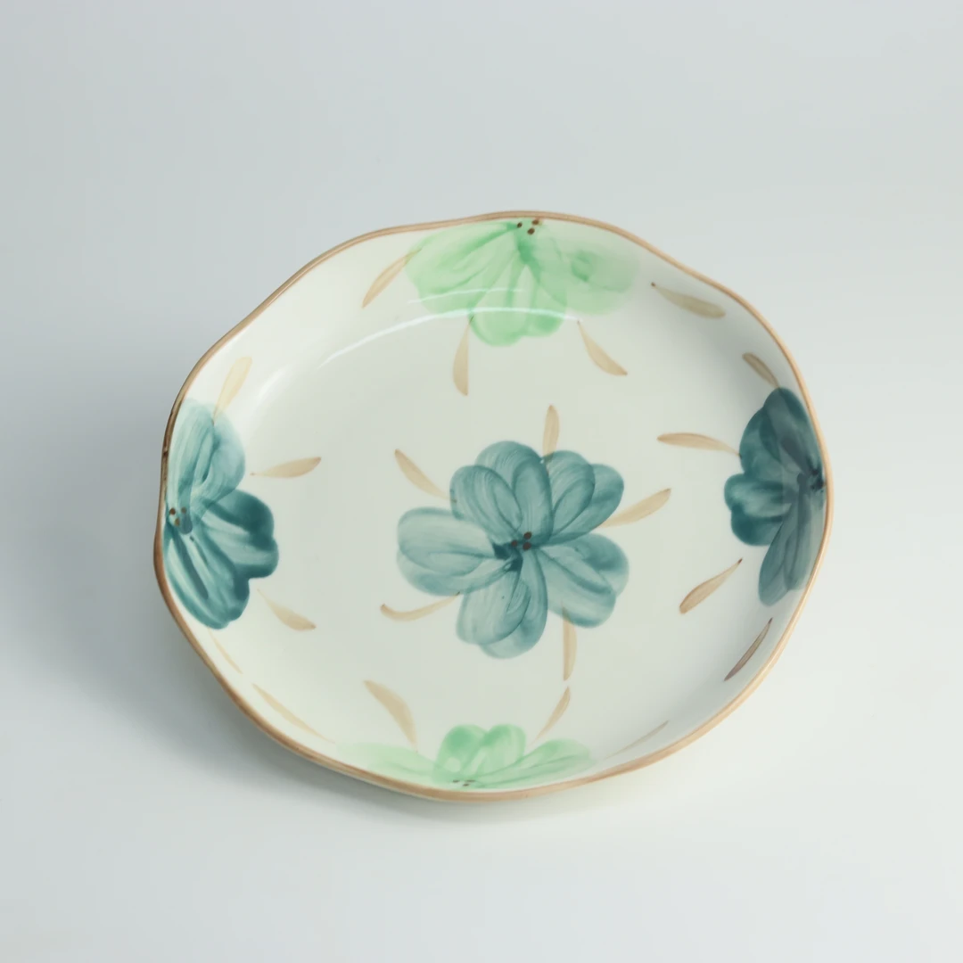 新09085手绘釉下彩花朵盘(2*20)