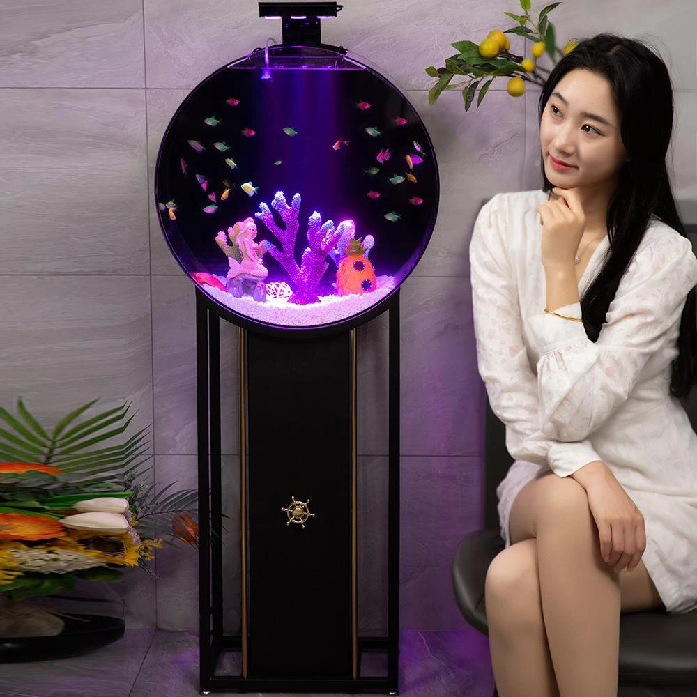 皓龙新款创意网红鱼缸生态落地客厅鱼缸小型金鱼缸观赏圆形水族箱