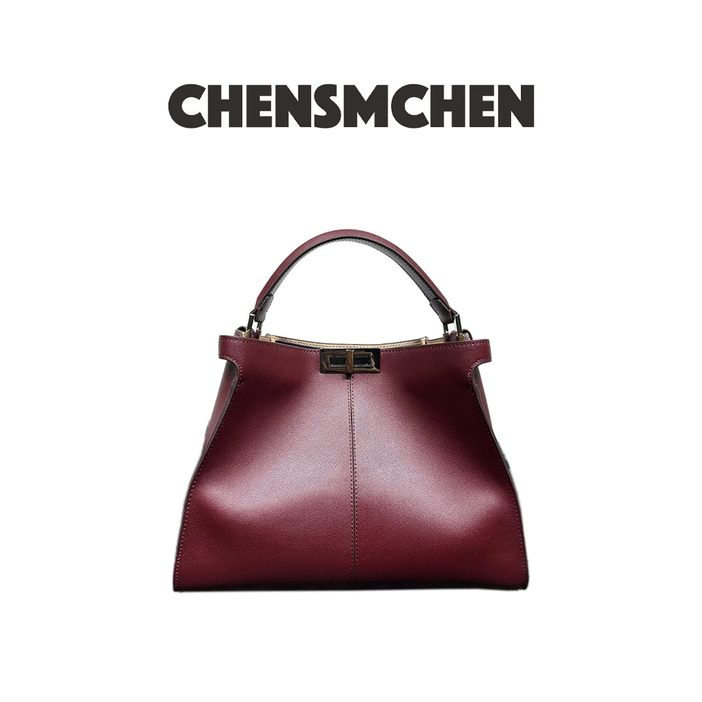 CHENSMCHEN 时尚高级大容量酒红色牛皮托特包