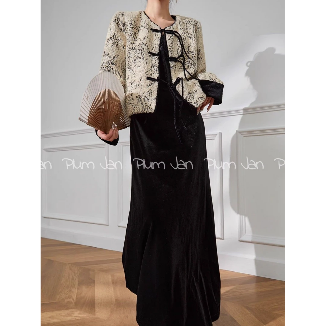 新中式气质国风短外套女装秋冬新款时尚丝绒吊带连衣裙清冷两件套