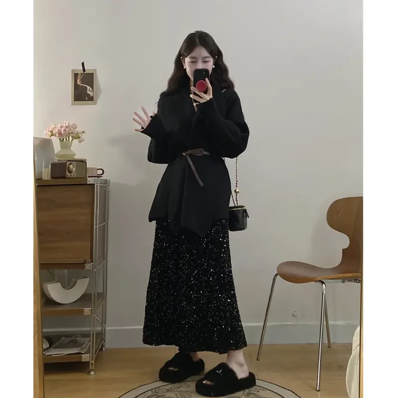 大码胖mm秋冬新法式不规则毛衣开衫厚外套亮片半身裙洋气慵懒穿搭